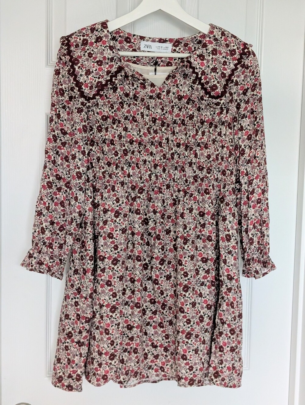 NWT Zara Kids Burgundy and Cream Floral Prairie Dress, Size 11-12y